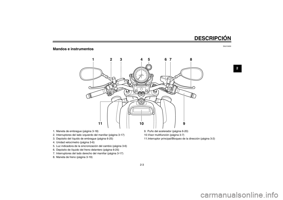 YAMAHA VMAX 2012  Manuale de Empleo (in Spanish) DESCRIPCIÓN
2-3
2
SAU10430
Mandos e instrumentos
123 4 67 89
10
11
5
1. Maneta de embrague (página 3-18)
2. Interruptores del lado izquierdo del manillar (página 3-17)
3. Depósito del líquido de 