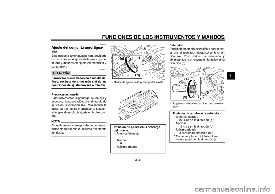 YAMAHA VMAX 2012  Manuale de Empleo (in Spanish) FUNCIONES DE LOS INSTRUMENTOS Y MANDOS
3-28
3
SAU46493
Ajuste del conjunto amortigua-
dor Este conjunto amortiguador está equipado
con un mando de ajuste de la precarga del
muelle y mandos de ajuste 