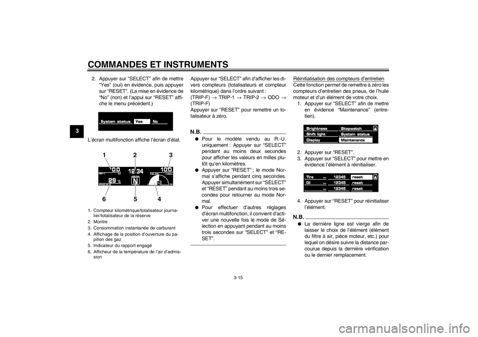 YAMAHA VMAX 2012  Notices Demploi (in French) COMMANDES ET INSTRUMENTS
3-15
3
2. Appuyer sur “SELECT” afin de mettre“Yes” (oui) en évidence, puis appuyer
sur “RESET”. (La mise en évidence de
“No” (non) et l’appui sur “RESET