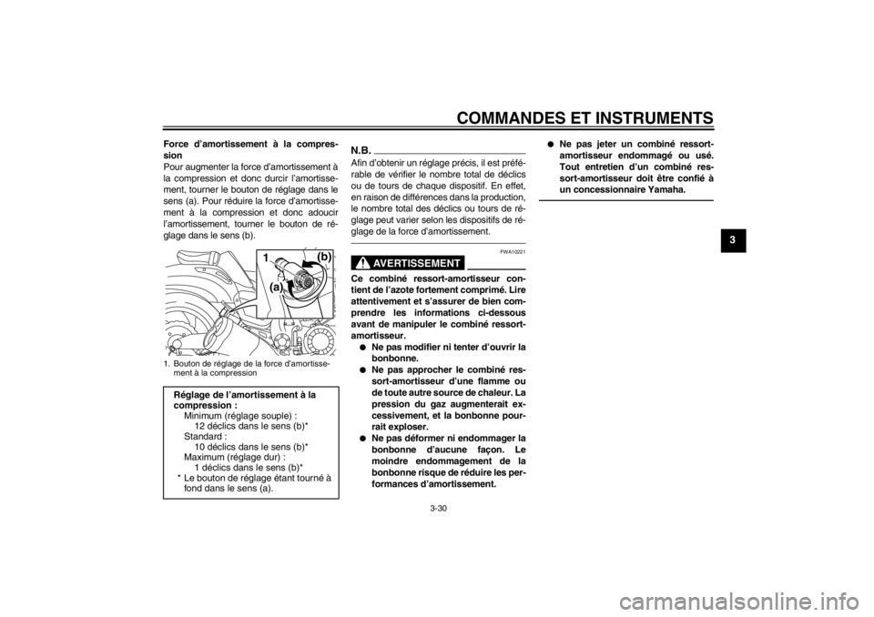 YAMAHA VMAX 2012  Notices Demploi (in French) COMMANDES ET INSTRUMENTS
3-30
3
Force d’amortissement à la compres-
sion
Pour augmenter la force d’amortissement à
la compression et donc durcir l’amortisse-
ment, tourner le bouton de réglag