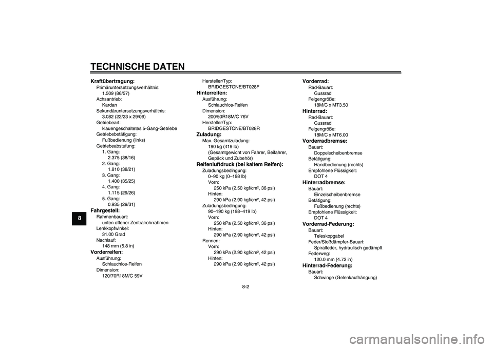 YAMAHA VMAX 2011  Betriebsanleitungen (in German) TECHNISCHE DATEN
8-2
8
Kraftübertragung:Primäruntersetzungsverhältnis:
1.509 (86/57)
Achsantrieb:
Kardan
Sekundäruntersetzungsverhältnis:
3.082 (22/23 x 29/09)
Getriebeart:
klauengeschaltetes 5-G