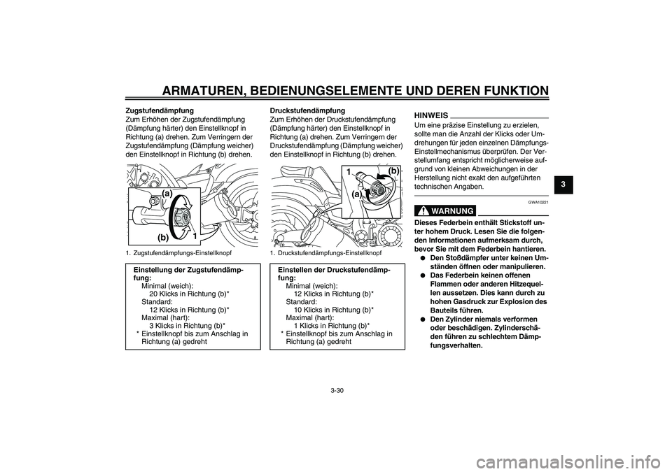 YAMAHA VMAX 2011  Betriebsanleitungen (in German) ARMATUREN, BEDIENUNGSELEMENTE UND DEREN FUNKTION
3-30
3
Zugstufendämpfung
Zum Erhöhen der Zugstufendämpfung 
(Dämpfung härter) den Einstellknopf in 
Richtung (a) drehen. Zum Verringern der 
Zugst