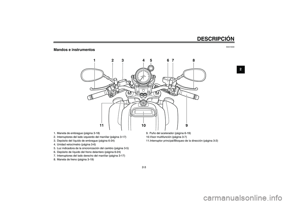 YAMAHA VMAX 2011  Manuale de Empleo (in Spanish) DESCRIPCIÓN
2-3
2
SAU10430
Mandos e instrumentos
123 4 67 8
9 10 11
5
1. Maneta de embrague (página 3-18)
2. Interruptores del lado izquierdo del manillar (página 3-17)
3. Depósito del líquido de