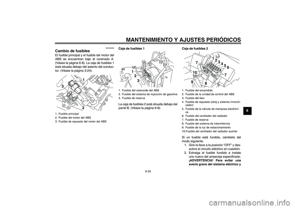 YAMAHA VMAX 2011  Manuale de Empleo (in Spanish) MANTENIMIENTO Y AJUSTES PERIÓDICOS
6-33
6
SAU46453
Cambio de fusibles El fusible principal y el fusible del motor del
ABS se encuentran bajo el carenado A.
(Véase la página 6-8). La caja de fusible