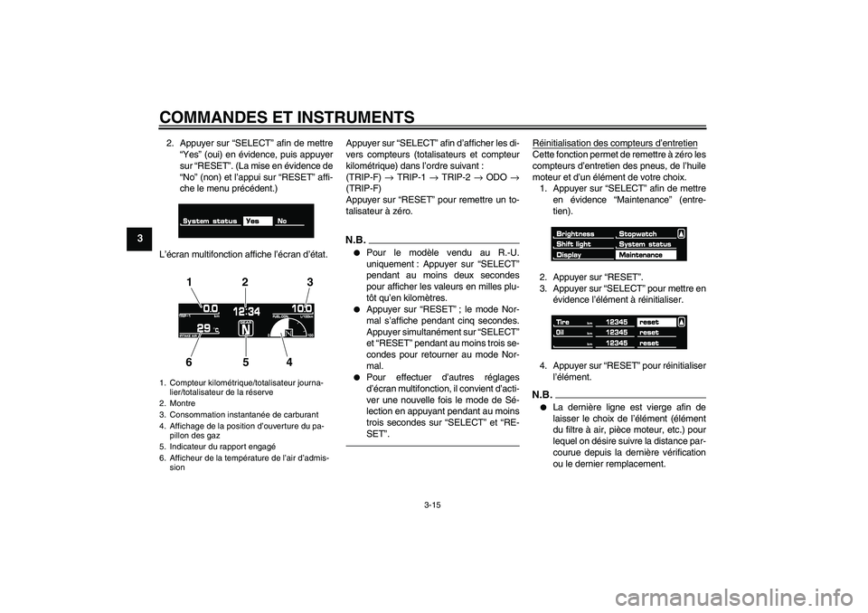 YAMAHA VMAX 2011 Notices Demploi (in French) COMMANDES ET INSTRUMENTS
3-15
3
2. Appuyer sur “SELECT” afin de mettre
“Yes” (oui) en évidence, puis appuyer
sur “RESET”. (La mise en évidence de
“No” (non) et l’appui sur “RESET YAMAHA VMAX 2011 Notices Demploi (in French) COMMANDES ET INSTRUMENTS
3-15
3
2. Appuyer sur “SELECT” afin de mettre
“Yes” (oui) en évidence, puis appuyer
sur “RESET”. (La mise en évidence de
“No” (non) et l’appui sur “RESET