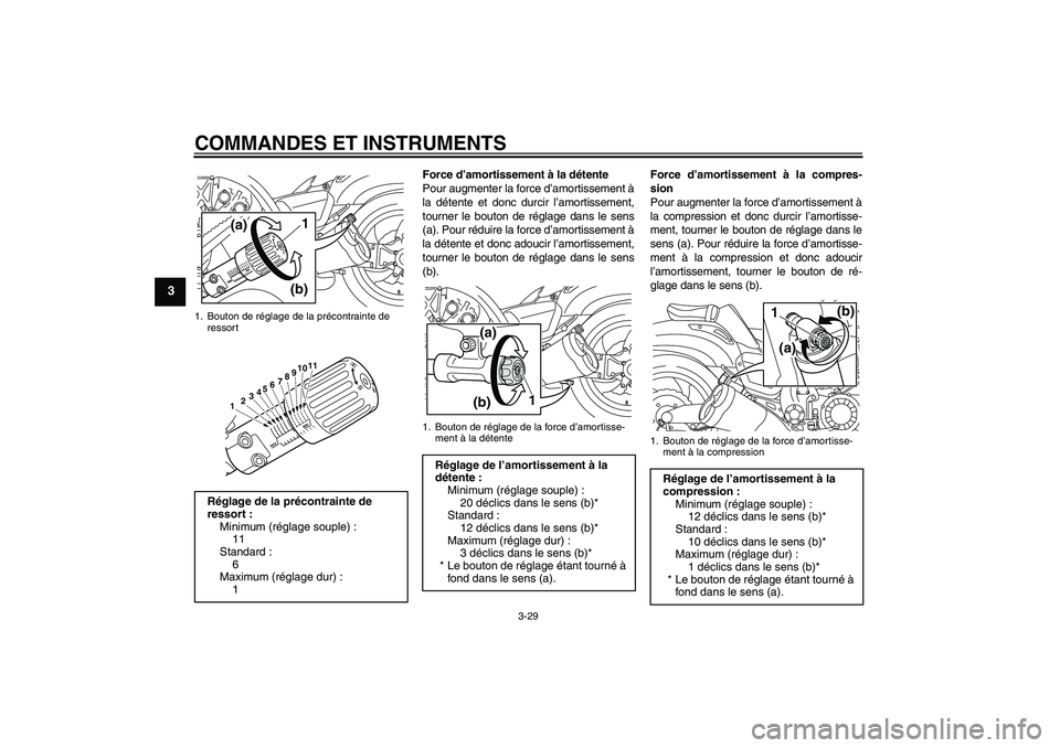 YAMAHA VMAX 2011 Notices Demploi (in French) COMMANDES ET INSTRUMENTS
3-29
3
Force d’amortissement à la détente
Pour augmenter la force d’amortissement à
la détente et donc durcir l’amortissement,
tourner le bouton de réglage dans le YAMAHA VMAX 2011 Notices Demploi (in French) COMMANDES ET INSTRUMENTS
3-29
3
Force d’amortissement à la détente
Pour augmenter la force d’amortissement à
la détente et donc durcir l’amortissement,
tourner le bouton de réglage dans le