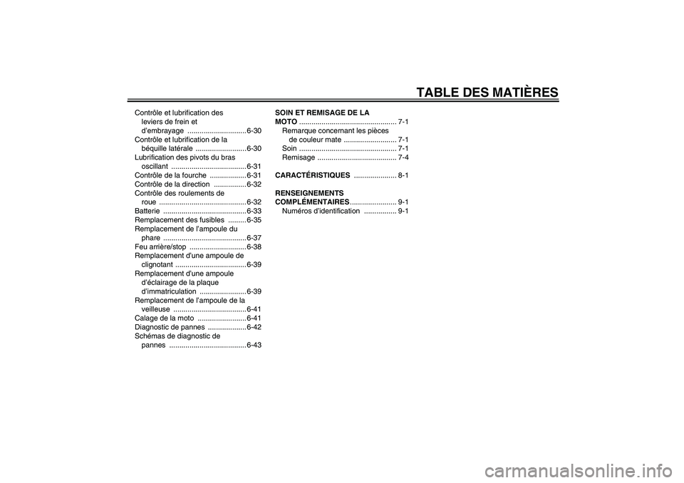 YAMAHA VMAX 2011  Notices Demploi (in French) TABLE DES MATIÈRES
Contrôle et lubrification des 
leviers de frein et 
d’embrayage ............................. 6-30
Contrôle et lubrification de la 
béquille latérale ........................