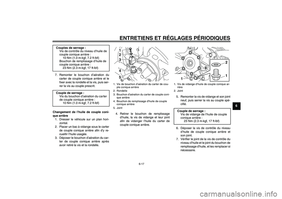 YAMAHA VMAX 2011 Notices Demploi (in French) ENTRETIENS ET RÉGLAGES PÉRIODIQUES
6-17
6
7. Remonter le bouchon d’aération du
carter de couple conique arrière et le
fixer avec la rondelle et la vis, puis ser-
rer la vis au couple prescrit.
C YAMAHA VMAX 2011 Notices Demploi (in French) ENTRETIENS ET RÉGLAGES PÉRIODIQUES
6-17
6
7. Remonter le bouchon d’aération du
carter de couple conique arrière et le
fixer avec la rondelle et la vis, puis ser-
rer la vis au couple prescrit.
C
