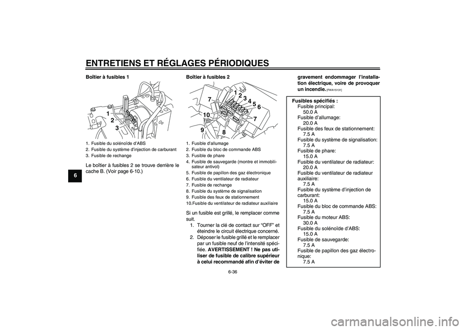 YAMAHA VMAX 2011  Notices Demploi (in French) ENTRETIENS ET RÉGLAGES PÉRIODIQUES
6-36
6
Boîtier à fusibles 1
Le boîtier à fusibles 2 se trouve derrière le
cache B. (Voir page 6-10.)Boîtier à fusibles 2
Si un fusible est grillé, le rempl