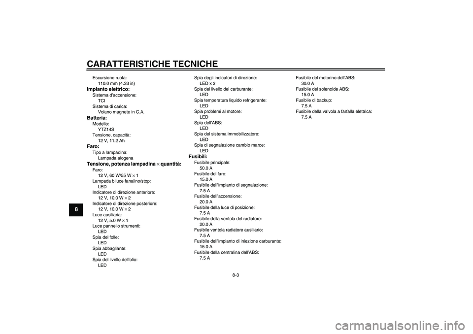 YAMAHA VMAX 2011 Manuale duso (in Italian) CARATTERISTICHE TECNICHE
8-3
8
Escursione ruota:
110.0 mm (4.33 in)Impianto elettrico:Sistema d’accensione:
TCI
Sistema di carica:
Volano magnete in C.A.Batteria:Modello:
YTZ14S
Tensione, capacità: YAMAHA VMAX 2011 Manuale duso (in Italian) CARATTERISTICHE TECNICHE
8-3
8
Escursione ruota:
110.0 mm (4.33 in)Impianto elettrico:Sistema d’accensione:
TCI
Sistema di carica:
Volano magnete in C.A.Batteria:Modello:
YTZ14S
Tensione, capacità: