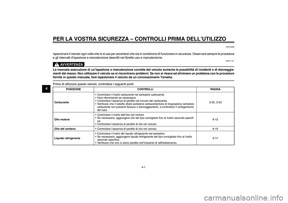 YAMAHA VMAX 2011 Manuale duso (in Italian) PER LA VOSTRA SICUREZZA – CONTROLLI PRIMA DELL’UTILIZZO
4-1
4
HAU15596
Ispezionare il veicolo ogni volta che lo si usa per accertarsi che sia in condizione di funzionare in sicurezza. Osservare se YAMAHA VMAX 2011 Manuale duso (in Italian) PER LA VOSTRA SICUREZZA – CONTROLLI PRIMA DELL’UTILIZZO
4-1
4
HAU15596
Ispezionare il veicolo ogni volta che lo si usa per accertarsi che sia in condizione di funzionare in sicurezza. Osservare se