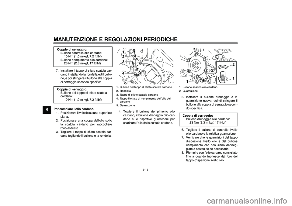 YAMAHA VMAX 2011  Manuale duso (in Italian) MANUTENZIONE E REGOLAZIONI PERIODICHE
6-16
6
7. Installare il tappo di sfiato scatola car-
dano installando la rondella ed il bullo-
ne, e poi stringere il bullone alla coppia
di serraggio secondo spe