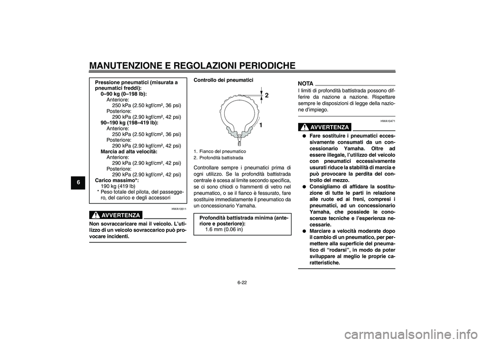 YAMAHA VMAX 2011  Manuale duso (in Italian) MANUTENZIONE E REGOLAZIONI PERIODICHE
6-22
6
AVVERTENZA
HWA10511
Non sovraccaricare mai il veicolo. L’uti-
lizzo di un veicolo sovraccarico può pro-
vocare incidenti.
Controllo dei pneumatici
Contr