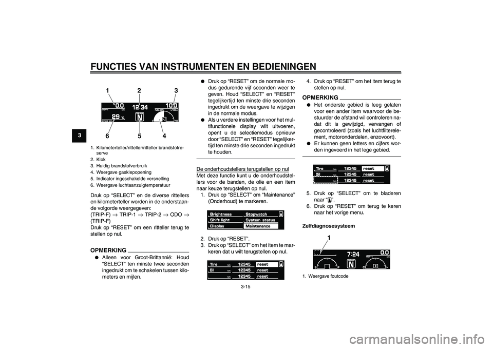 YAMAHA VMAX 2011  Instructieboekje (in Dutch) FUNCTIES VAN INSTRUMENTEN EN BEDIENINGEN
3-15
3
Druk op “SELECT” en de diverse rittellers
en kilometerteller worden in de onderstaan-
de volgorde weergegeven:
(TRIP-F) → TRIP-1 → TRIP-2 → OD