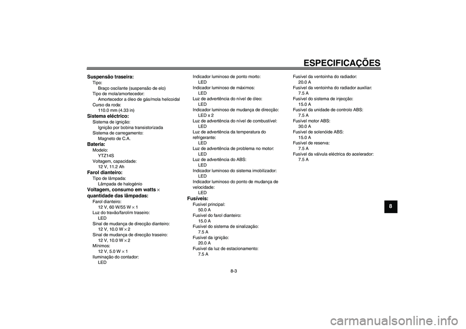 YAMAHA VMAX 2011  Manual de utilização (in Portuguese) ESPECIFICAÇÕES
8-3
8
Suspensão traseira:Tipo:
Braço oscilante (suspensão de elo)
Tipo de mola/amortecedor:
Amortecedor a óleo de gás/mola helicoidal
Curso da roda:
110.0 mm (4.33 in)Sistema el