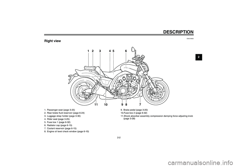YAMAHA VMAX 2010  Owners Manual DESCRIPTION
2-2
2
EAU10420
Right view
12 4 6
7 5
3
9 11
8
10
1. Passenger seat (page 3-25)
2. Rear brake fluid reservoir (page 6-24)
3. Luggage strap holder (page 3-30)
4. Rider seat (page 3-25)
5. Fu