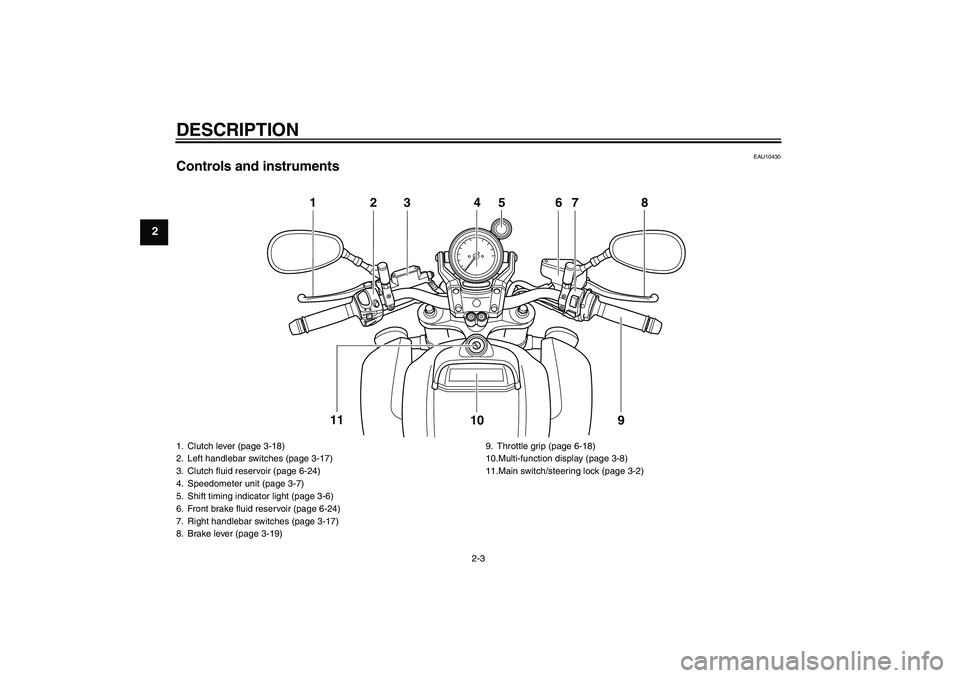 YAMAHA VMAX 2010  Owners Manual DESCRIPTION
2-3
2
EAU10430
Controls and instruments
123 4 67 8
9 10 11
5
1. Clutch lever (page 3-18)
2. Left handlebar switches (page 3-17)
3. Clutch fluid reservoir (page 6-24)
4. Speedometer unit (p