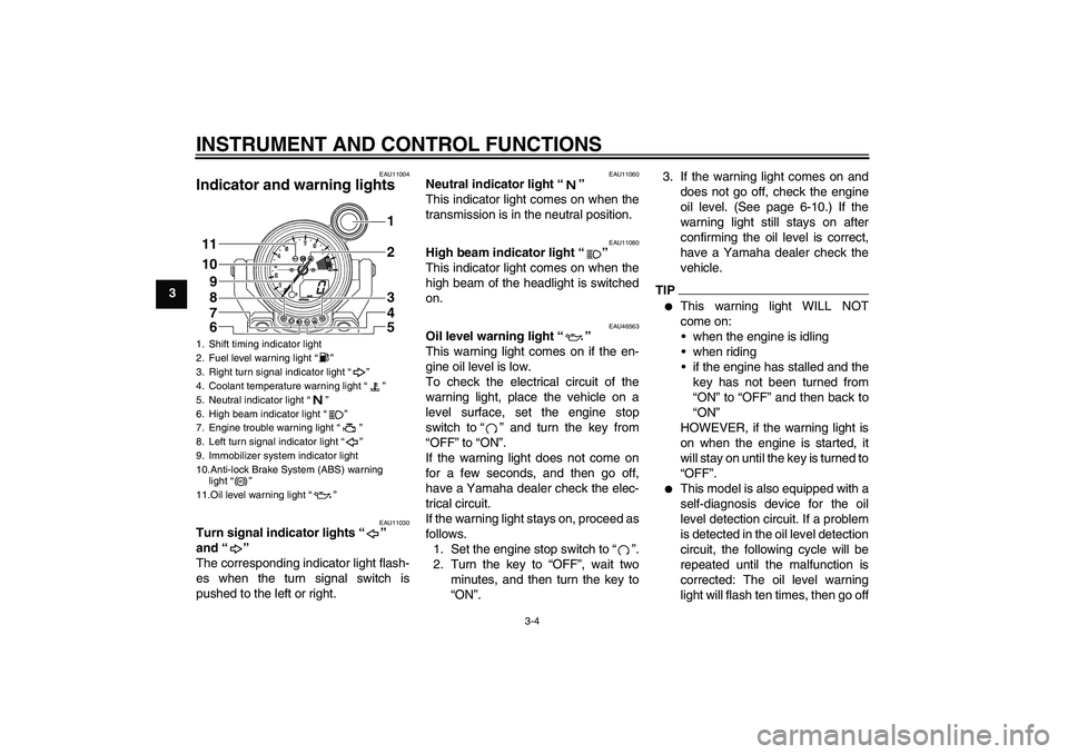 YAMAHA VMAX 2010  Owners Manual INSTRUMENT AND CONTROL FUNCTIONS
3-4
3
EAU11004
Indicator and warning lights 
EAU11030
Turn signal indicator lights“” 
and“” 
The corresponding indicator light flash-
es when the turn signal s