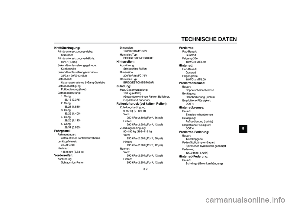 YAMAHA VMAX 2010  Betriebsanleitungen (in German) TECHNISCHE DATEN
8-2
8
Kraftübertragung:Primäruntersetzungsgetriebe:
Stirnräder
Primäruntersetzungsverhältnis:
86/57 (1.509)
Sekundäruntersetzungsgetriebe:
Kardanwelle
Sekundäruntersetzungsverh