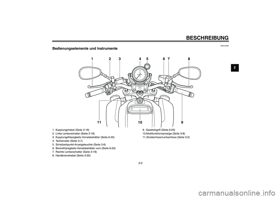 YAMAHA VMAX 2010  Betriebsanleitungen (in German) BESCHREIBUNG
2-3
2
GAU10430
Bedienungselemente und Instrumente
123 4 67 8
9 10 11
5
1. Kupplungshebel (Seite 3-19)
2. Linke Lenkerschalter (Seite 3-18)
3. Kupplungsflüssigkeits-Vorratsbehälter (Seit