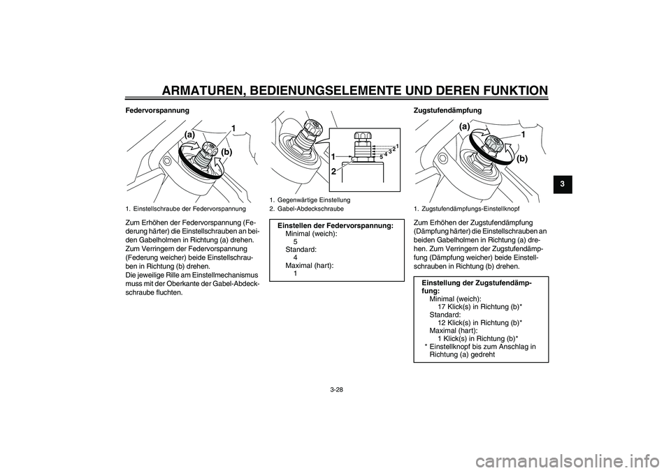 YAMAHA VMAX 2010 Betriebsanleitungen (in German) ARMATUREN, BEDIENUNGSELEMENTE UND DEREN FUNKTION
3-28
3
Federvorspannung
Zum Erhöhen der Federvorspannung (Fe-
derung härter) die Einstellschrauben an bei-
den Gabelholmen in Richtung (a) drehen.
Z YAMAHA VMAX 2010 Betriebsanleitungen (in German) ARMATUREN, BEDIENUNGSELEMENTE UND DEREN FUNKTION
3-28
3
Federvorspannung
Zum Erhöhen der Federvorspannung (Fe-
derung härter) die Einstellschrauben an bei-
den Gabelholmen in Richtung (a) drehen.
Z