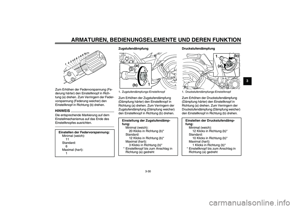 YAMAHA VMAX 2010 Betriebsanleitungen (in German) ARMATUREN, BEDIENUNGSELEMENTE UND DEREN FUNKTION
3-30
3
Zum Erhöhen der Federvorspannung (Fe-
derung härter) den Einstellknopf in Rich-
tung (a) drehen. Zum Verringern der Feder-
vorspannung (Federu YAMAHA VMAX 2010 Betriebsanleitungen (in German) ARMATUREN, BEDIENUNGSELEMENTE UND DEREN FUNKTION
3-30
3
Zum Erhöhen der Federvorspannung (Fe-
derung härter) den Einstellknopf in Rich-
tung (a) drehen. Zum Verringern der Feder-
vorspannung (Federu