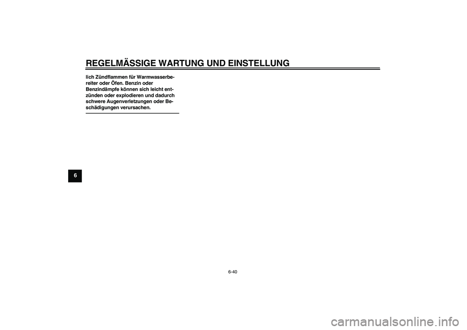 YAMAHA VMAX 2010  Betriebsanleitungen (in German) REGELMÄSSIGE WARTUNG UND EINSTELLUNG
6-40
6
lich Zündflammen für Warmwasserbe-
reiter oder Öfen. Benzin oder 
Benzindämpfe können sich leicht ent-
zünden oder explodieren und dadurch 
schwere A