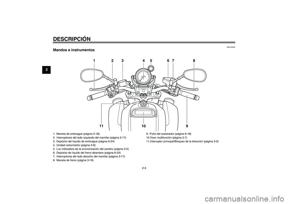 YAMAHA VMAX 2010 Manuale de Empleo (in Spanish) DESCRIPCIÓN
2-3
2
SAU10430
Mandos e instrumentos
123 4 67 8
9 10 11
5
1. Maneta de embrague (página 3-18)
2. Interruptores del lado izquierdo del manillar (página 3-17)
3. Depósito del líquido de YAMAHA VMAX 2010 Manuale de Empleo (in Spanish) DESCRIPCIÓN
2-3
2
SAU10430
Mandos e instrumentos
123 4 67 8
9 10 11
5
1. Maneta de embrague (página 3-18)
2. Interruptores del lado izquierdo del manillar (página 3-17)
3. Depósito del líquido de