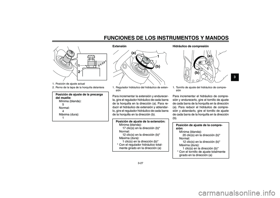 YAMAHA VMAX 2010 Manuale de Empleo (in Spanish) FUNCIONES DE LOS INSTRUMENTOS Y MANDOS
3-27
3
Extensión
Para incrementar la extensión y endurecer-
la, gire el regulador hidráulico de cada barra
de la horquilla en la dirección (a). Para re-
duci YAMAHA VMAX 2010 Manuale de Empleo (in Spanish) FUNCIONES DE LOS INSTRUMENTOS Y MANDOS
3-27
3
Extensión
Para incrementar la extensión y endurecer-
la, gire el regulador hidráulico de cada barra
de la horquilla en la dirección (a). Para re-
duci
