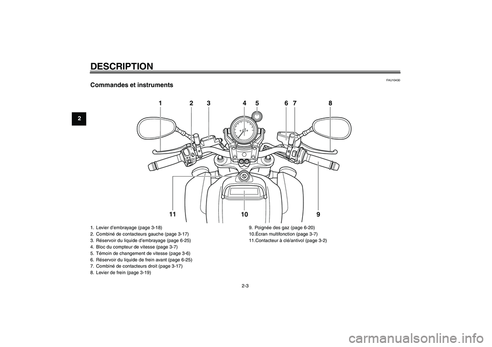 YAMAHA VMAX 2010  Notices Demploi (in French) DESCRIPTION
2-3
2
FAU10430
Commandes et instruments
123 4 67 8
9 10 11
5
1. Levier d’embrayage (page 3-18)
2. Combiné de contacteurs gauche (page 3-17)
3. Réservoir du liquide d’embrayage (page 