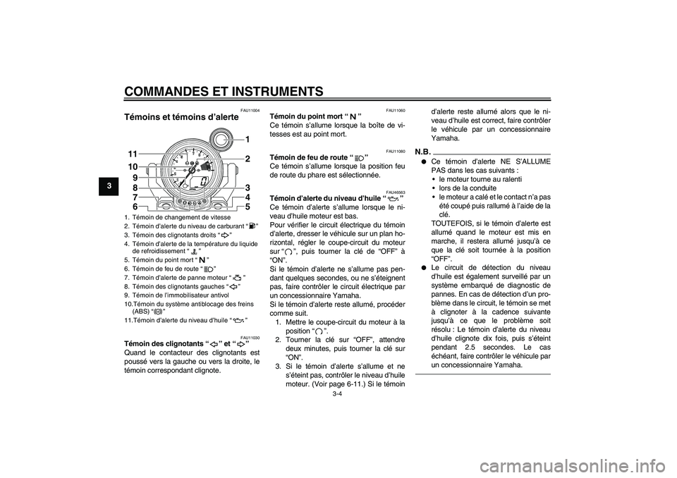 YAMAHA VMAX 2010  Notices Demploi (in French) COMMANDES ET INSTRUMENTS
3-4
3
FAU11004
Témoins et témoins d’alerte 
FAU11030
Témoin des clignotants“” et“” 
Quand le contacteur des clignotants est
poussé vers la gauche ou vers la droi