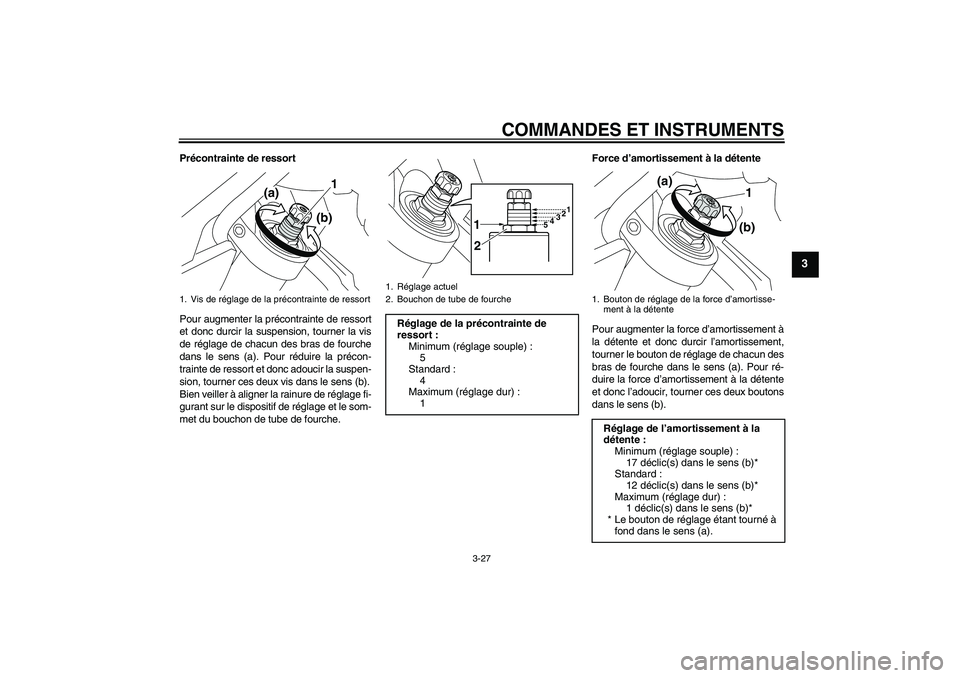 YAMAHA VMAX 2010 Notices Demploi (in French) COMMANDES ET INSTRUMENTS
3-27
3
Précontrainte de ressort
Pour augmenter la précontrainte de ressort
et donc durcir la suspension, tourner la vis
de réglage de chacun des bras de fourche
dans le sen YAMAHA VMAX 2010 Notices Demploi (in French) COMMANDES ET INSTRUMENTS
3-27
3
Précontrainte de ressort
Pour augmenter la précontrainte de ressort
et donc durcir la suspension, tourner la vis
de réglage de chacun des bras de fourche
dans le sen