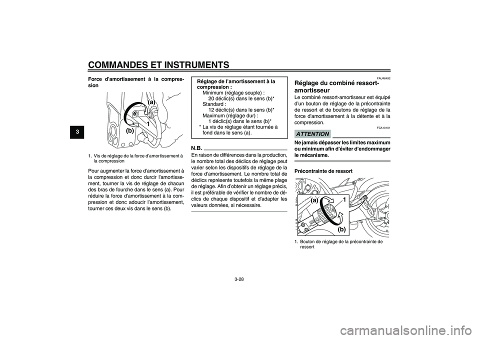 YAMAHA VMAX 2010  Notices Demploi (in French) COMMANDES ET INSTRUMENTS
3-28
3
Force d’amortissement à la compres-
sion
Pour augmenter la force d’amortissement à
la compression et donc durcir l’amortisse-
ment, tourner la vis de réglage d