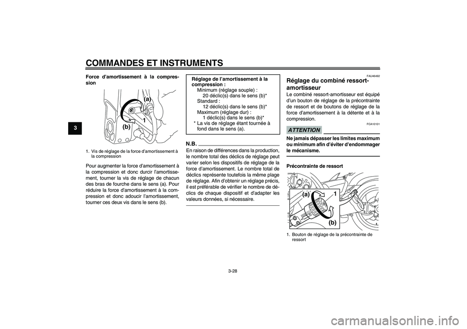 YAMAHA VMAX 2010 Notices Demploi (in French) COMMANDES ET INSTRUMENTS
3-28
3
Force d’amortissement à la compres-
sion
Pour augmenter la force d’amortissement à
la compression et donc durcir l’amortisse-
ment, tourner la vis de réglage d YAMAHA VMAX 2010 Notices Demploi (in French) COMMANDES ET INSTRUMENTS
3-28
3
Force d’amortissement à la compres-
sion
Pour augmenter la force d’amortissement à
la compression et donc durcir l’amortisse-
ment, tourner la vis de réglage d