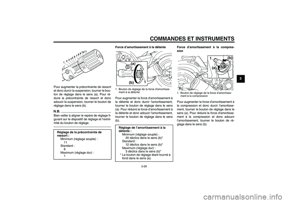 YAMAHA VMAX 2010 Notices Demploi (in French) COMMANDES ET INSTRUMENTS
3-29
3
Pour augmenter la précontrainte de ressort
et donc durcir la suspension, tourner le bou-
ton de réglage dans le sens (a). Pour ré-
duire la précontrainte de ressort YAMAHA VMAX 2010 Notices Demploi (in French) COMMANDES ET INSTRUMENTS
3-29
3
Pour augmenter la précontrainte de ressort
et donc durcir la suspension, tourner le bou-
ton de réglage dans le sens (a). Pour ré-
duire la précontrainte de ressort