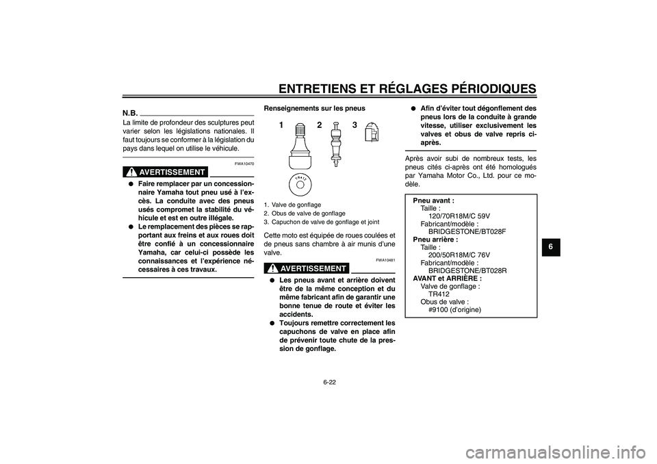 YAMAHA VMAX 2010  Notices Demploi (in French) ENTRETIENS ET RÉGLAGES PÉRIODIQUES
6-22
6
N.B.La limite de profondeur des sculptures peut
varier selon les législations nationales. Il
faut toujours se conformer à la législation du
pays dans leq