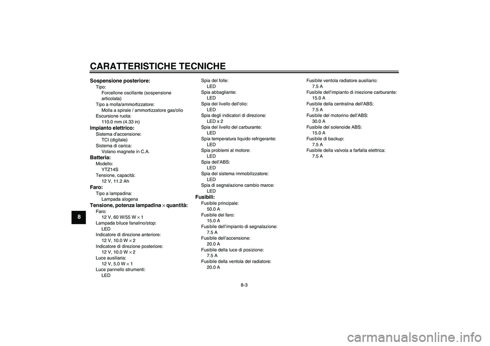 YAMAHA VMAX 2010 Manuale duso (in Italian) CARATTERISTICHE TECNICHE
8-3
8
Sospensione posteriore:Tipo:
Forcellone oscillante (sospensione
articolata)
Tipo a molla/ammortizzatore:
Molla a spirale / ammortizzatore gas/olio
Escursione ruota:
110 YAMAHA VMAX 2010 Manuale duso (in Italian) CARATTERISTICHE TECNICHE
8-3
8
Sospensione posteriore:Tipo:
Forcellone oscillante (sospensione
articolata)
Tipo a molla/ammortizzatore:
Molla a spirale / ammortizzatore gas/olio
Escursione ruota:
110