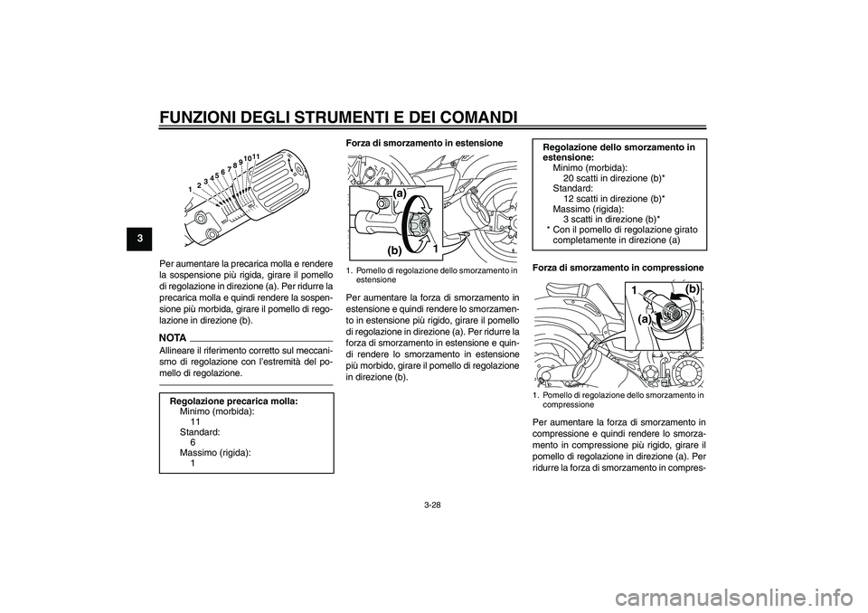 YAMAHA VMAX 2010 Manuale duso (in Italian) FUNZIONI DEGLI STRUMENTI E DEI COMANDI
3-28
3
Per aumentare la precarica molla e rendere
la sospensione più rigida, girare il pomello
di regolazione in direzione (a). Per ridurre la
precarica molla e YAMAHA VMAX 2010 Manuale duso (in Italian) FUNZIONI DEGLI STRUMENTI E DEI COMANDI
3-28
3
Per aumentare la precarica molla e rendere
la sospensione più rigida, girare il pomello
di regolazione in direzione (a). Per ridurre la
precarica molla e