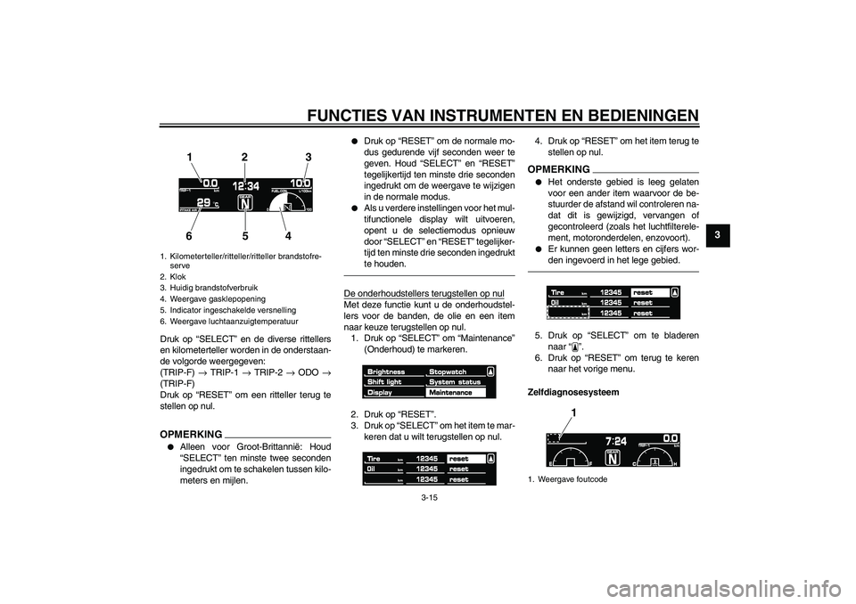 YAMAHA VMAX 2010  Instructieboekje (in Dutch) FUNCTIES VAN INSTRUMENTEN EN BEDIENINGEN
3-15
3
Druk op “SELECT” en de diverse rittellers
en kilometerteller worden in de onderstaan-
de volgorde weergegeven:
(TRIP-F) → TRIP-1 → TRIP-2 → OD