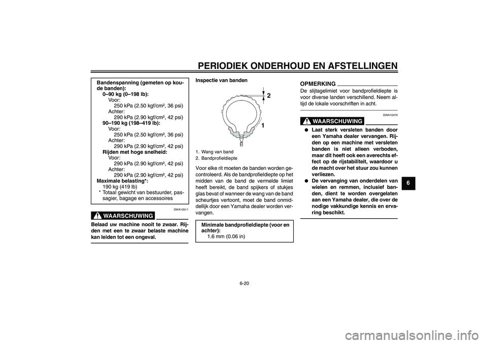 YAMAHA VMAX 2010  Instructieboekje (in Dutch) PERIODIEK ONDERHOUD EN AFSTELLINGEN
6-20
6
WAARSCHUWING
DWA10511
Belaad uw machine nooit te zwaar. Rij-
den met een te zwaar belaste machine
kan leiden tot een ongeval.
Inspectie van banden
Voor elke 