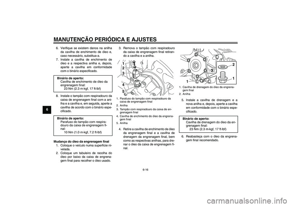 YAMAHA VMAX 2010  Manual de utilização (in Portuguese) MANUTENÇÃO PERIÓDICA E AJUSTES
6-16
6
6. Verifique se existem danos na anilha
da cavilha de enchimento de óleo e,
caso necessário, substitua-a.
7. Instale a cavilha de enchimento de
óleo e a res
