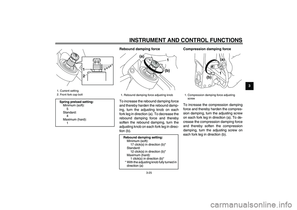 YAMAHA VMAX 2009 Owners Guide  
INSTRUMENT AND CONTROL FUNCTIONS 
3-25 
2
34
5
6
7
8
9 Rebound damping force 
To increase the rebound damping force
and thereby harden the rebound damp-
ing, turn the adjusting knob on each
fork leg
