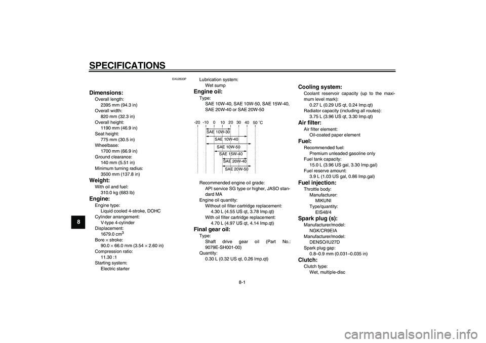 YAMAHA VMAX 2009  Owners Manual  
8-1 
1
2
3
4
5
6
7
8
9
 
SPECIFICATIONS  
EAU2633P 
Dimensions: 
Overall length: 
2395 mm (94.3 in)
Overall width: 
820 mm (32.3 in)
Overall height: 
1190 mm (46.9 in)
Seat height: 
775 mm (30.5 in)