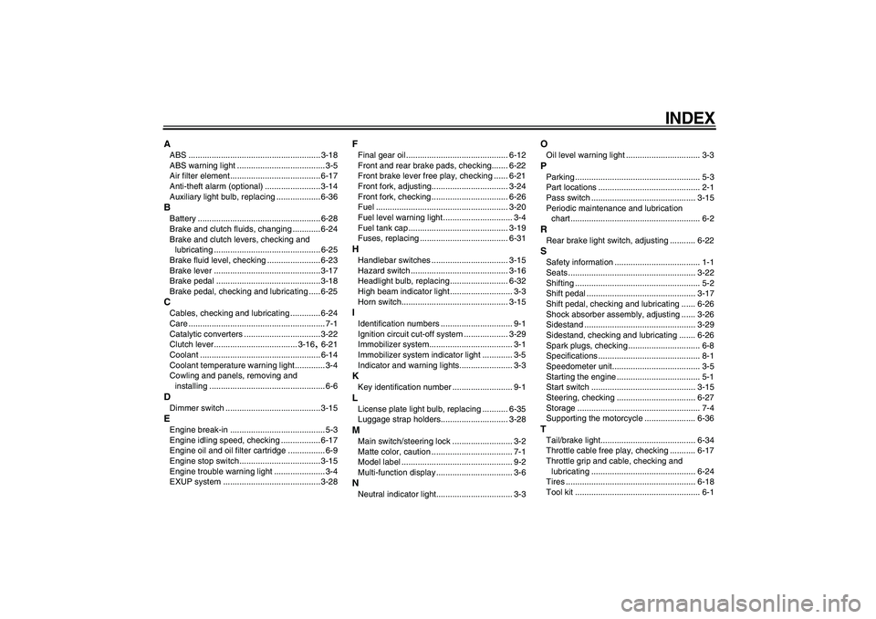 YAMAHA VMAX 2009 Owners Manual  
INDEX 
A 
ABS ......................................................... 3-18
ABS warning light ...................................... 3-5
Air filter element....................................... 6-
