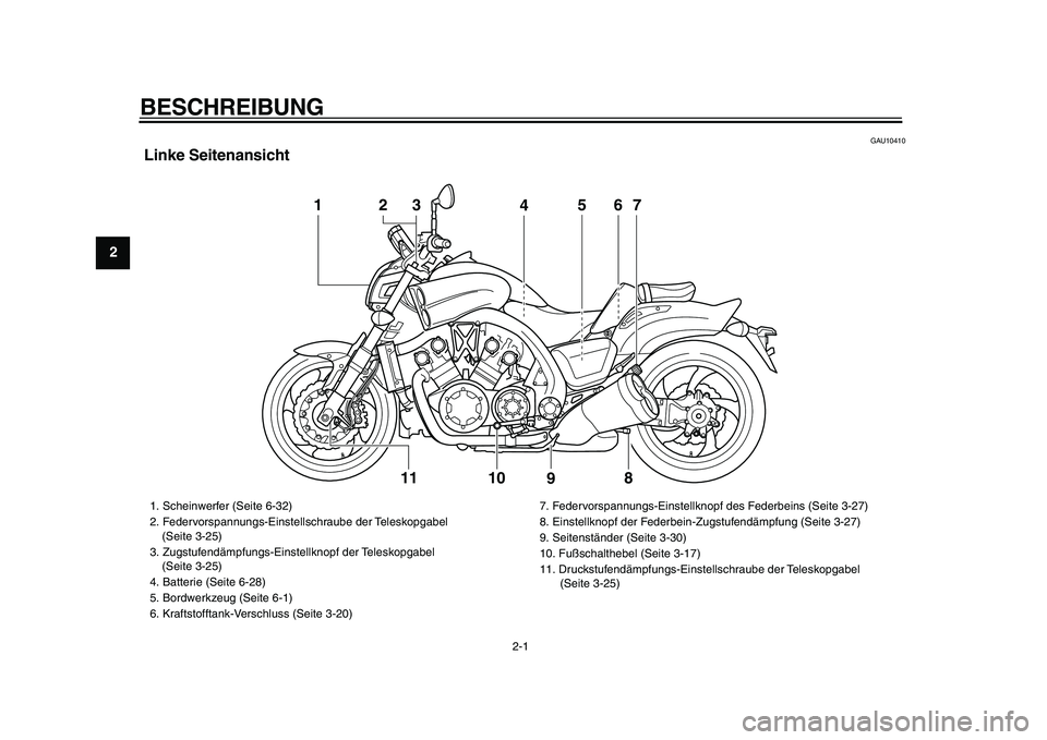 YAMAHA VMAX 2009  Betriebsanleitungen (in German)  
2-1 
1
2
3
4
5
6
7
8
9
 
BESCHREIBUNG  
GAU10410 
Linke Seitenansicht
1
4
56
78
9
10
23
11
 
1.  Scheinwerfer (Seite 6-32)
2. Federvorspannungs-Einstellschraube der Teleskopgabel 
(Seite 3-25)
3. Zu