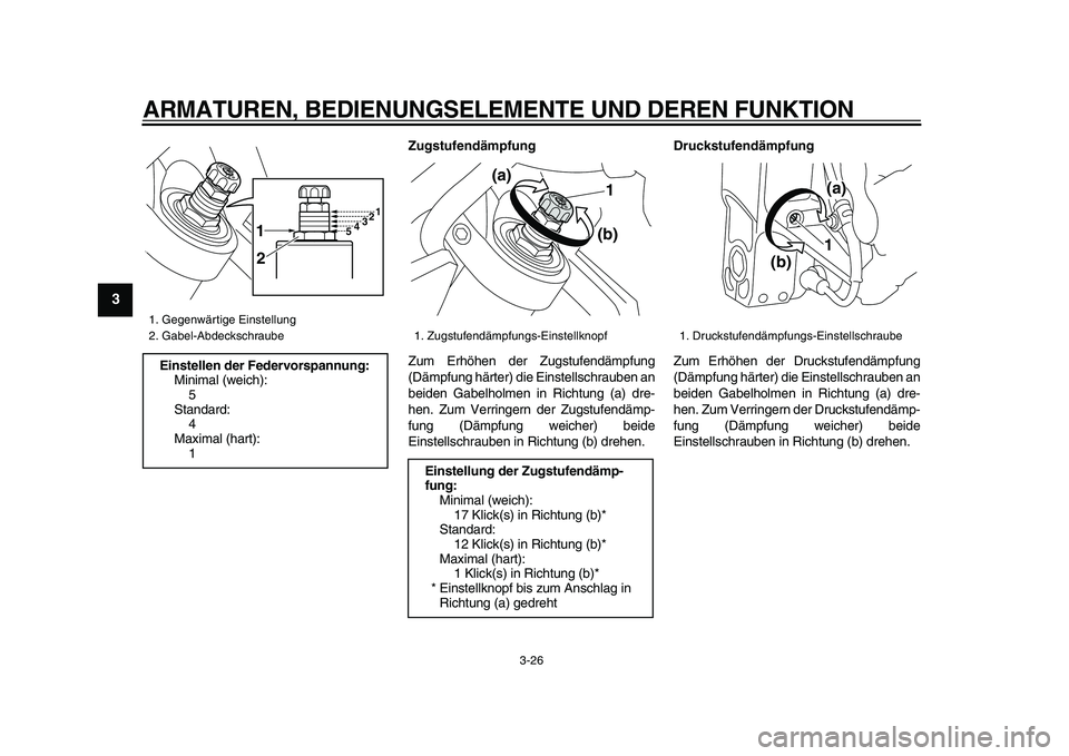 YAMAHA VMAX 2009  Betriebsanleitungen (in German)  
ARMATUREN, BEDIENUNGSELEMENTE UND DEREN FUNKTION 
3-26 
1
2
3
4
5
6
7
8
9
 
Zugstufendämpfung  
Zum Erhöhen der Zugstufendämpfung
(Dämpfung härter) die Einstellschrauben an
beiden Gabelholmen i