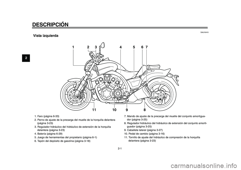 YAMAHA VMAX 2009  Manuale de Empleo (in Spanish)  
2-1 
1
2
3
4
5
6
7
8
9
 
DESCRIPCIÓN  
SAU10410 
Vista izquierda
1
4
56
78
9
10
23
11
 
1.  Faro (página 6-33)
2.  Perno de ajuste de la precarga del muelle de la horquilla delantera 
(página 3-2