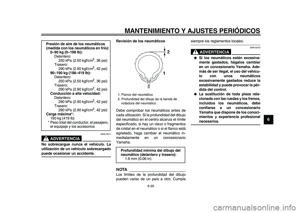 YAMAHA VMAX 2009 Manuale de Empleo (in Spanish)
MANTENIMIENTO Y AJUSTES PERIÓDICOS
6-20
2
3
4
5
67
8
9
ADVERTENCIA
SWA10511
No sobrecargue nunca el vehículo. La
utilización de un vehículo sobrecargado
puede ocasionar un accidente.Revisi YAMAHA VMAX 2009 Manuale de Empleo (in Spanish)
MANTENIMIENTO Y AJUSTES PERIÓDICOS
6-20
2
3
4
5
67
8
9
ADVERTENCIA
SWA10511
No sobrecargue nunca el vehículo. La
utilización de un vehículo sobrecargado
puede ocasionar un accidente.Revisi