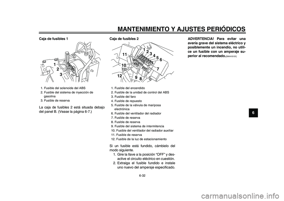 YAMAHA VMAX 2009  Manuale de Empleo (in Spanish)  
MANTENIMIENTO Y AJUSTES PERIÓDICOS 
6-32 
2
3
4
5
67
8
9
 
Caja de fusibles 1 
La caja de fusibles 2 está situada debajo
del panel B. (Vease la página 6-7.) 
Caja de fusibles 2 
Si un fusible est