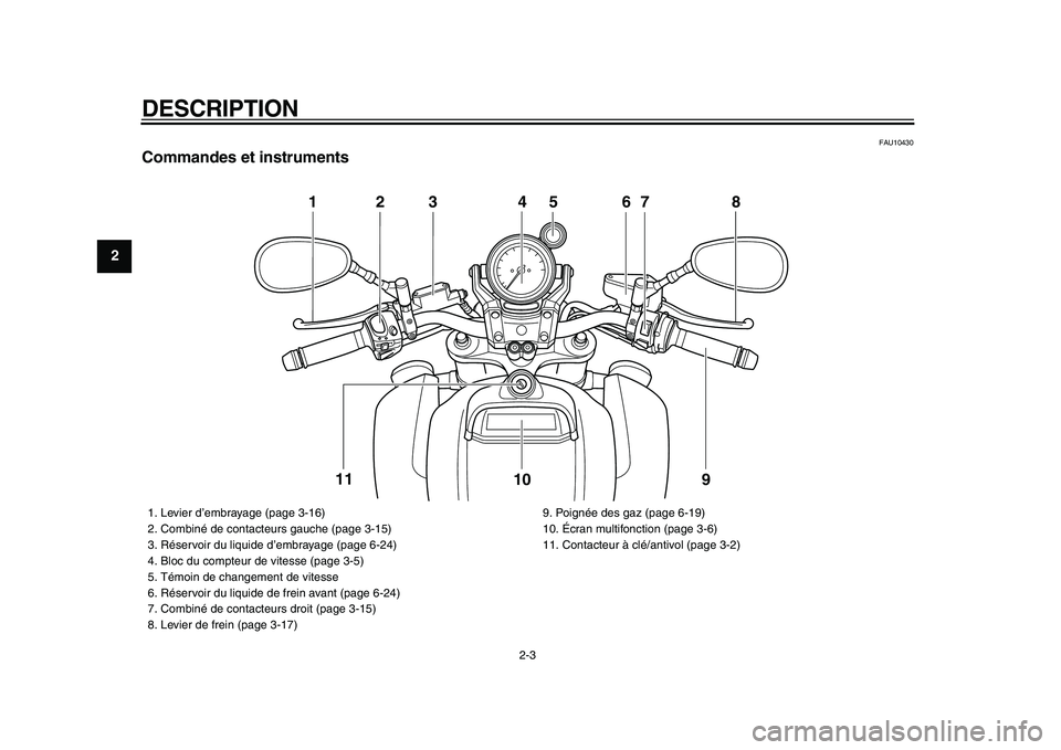 YAMAHA VMAX 2009 Notices Demploi (in French)
DESCRIPTION
2-3
1
2
3
4
5
6
7
8
9
FAU10430
Commandes et instruments
123 4 67 8
9 10 11
5
1. Levier d’embrayage (page 3-16)
2. Combiné de contacteurs gauche (page 3-15)
3. Réservoir du YAMAHA VMAX 2009 Notices Demploi (in French)
DESCRIPTION
2-3
1
2
3
4
5
6
7
8
9
FAU10430
Commandes et instruments
123 4 67 8
9 10 11
5
1. Levier d’embrayage (page 3-16)
2. Combiné de contacteurs gauche (page 3-15)
3. Réservoir du